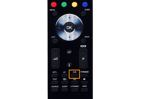 Illustratie van een afstandsbediening met de 'Sub' knop gemarkeerd