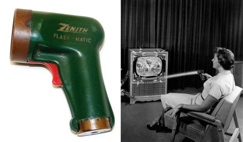 Foto van de Zenith Flash-Matic afstandsbediening, die op een föhn lijkt.