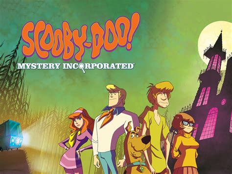Illustratie van Scooby-Doo en de Mystery Inc. gang in een spookachtige omgeving.