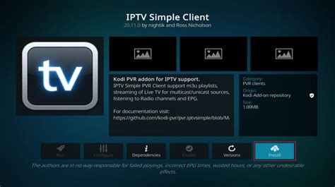 Schermafbeelding van de instellingen van de PVR IPTV Simple Client add-on in Kodi.