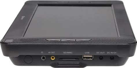 Infographic die de verschillende aansluitmogelijkheden van een draagbare DVD-speler toont, zoals USB, hoofdtelefoonaansluiting en stroomvoorziening.