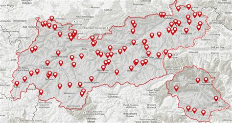 Kaart van de populairste skigebieden in Oostenrijk