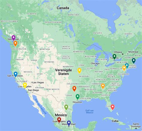 Kaart van Noord-Amerika met de locaties van de WK 2026 speelsteden gemarkeerd.