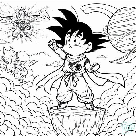 Illustratie van Goku als kind, die zijn iconische oranje gi aanheeft, met de Dragon Balls op de achtergrond