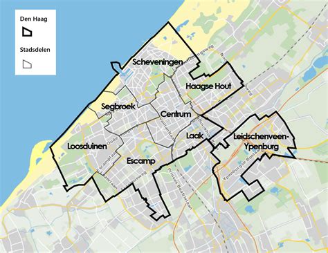 een kaart van Den Haag met gemarkeerde voormalige Joodse wijken