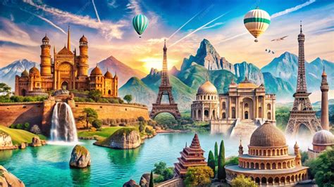 Een collage van diverse reisbestemmingen: Taj Mahal, Piramides van Gizeh, Eiffeltoren, Rio de Janeiro.