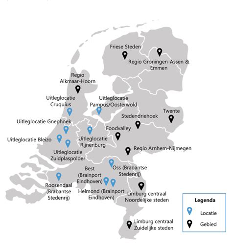 Kaart van Nederland met aangeduide regio's die in aanmerking komen voor grootschalige woningbouw na 2030.