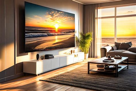 Illustratie van een moderne woonkamer met een grote televisie op de achtergrond.