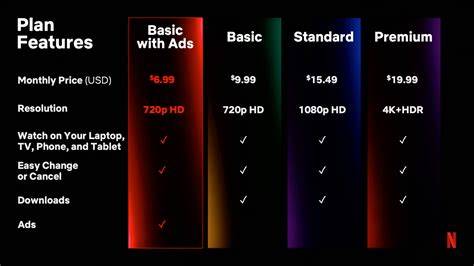 Infographic die de verschillen tussen Netflix Basic, Standaard en Premium abonnementen illustreert.