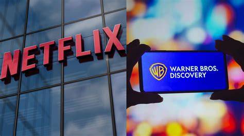 Grafische weergave van de mogelijke overname van Warner Bros. Discovery door Netflix, met vermelding van de overgenomen content en de financiële omvang.