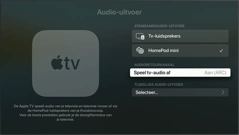 Screenshot van de Apple TV instellingenmenu, met de optie 'Video en audio' en 'Audiostructuur' gemarkeerd.