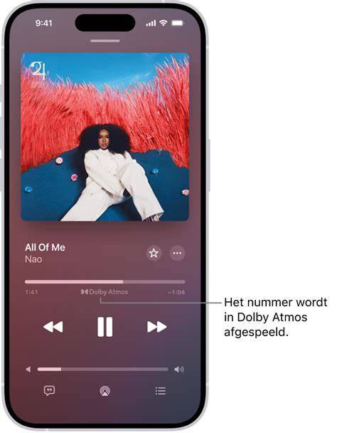 Een screenshot van de Apple Music app met het Dolby Atmos-symbool weergegeven naast een nummer.
