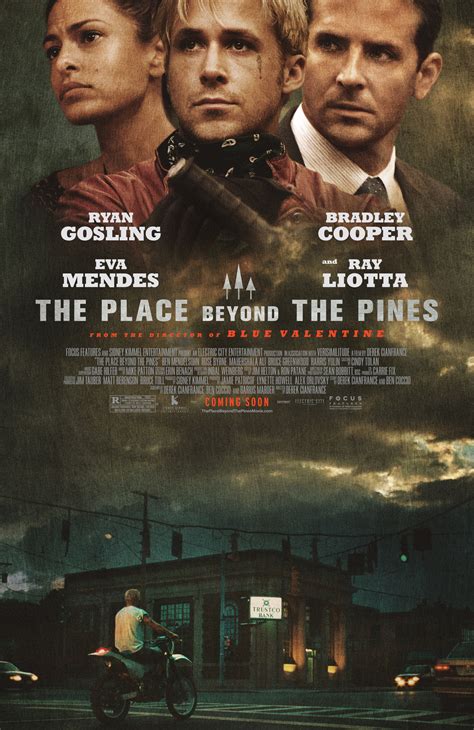 Stylized movie poster for 'The Place Beyond the Pines' featuring Ryan Gosling and Bradley Cooper on motorcycles.