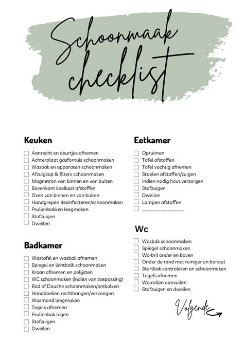 Voorbeeld van een schoonmaak checklist met vakjes om taken af te vinken.