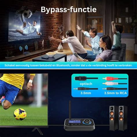 Illustratie van een Bluetooth audio transmitter aangesloten op een TV