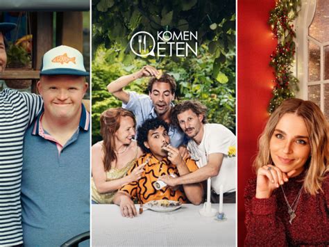 Collage van verschillende Nederlandse tv-programma's, waaronder een talkshow, een realityserie en een kinderprogramma.