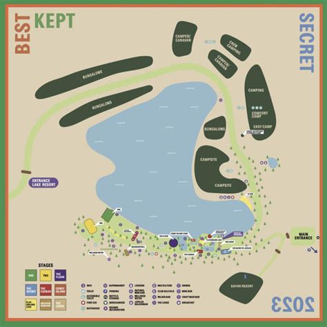 Overzicht van het Best Kept Secret festivalterrein met veel groen en diverse podia.