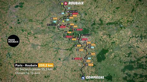 Kaart van het parcours van de mannenwedstrijd Parijs-Roubaix