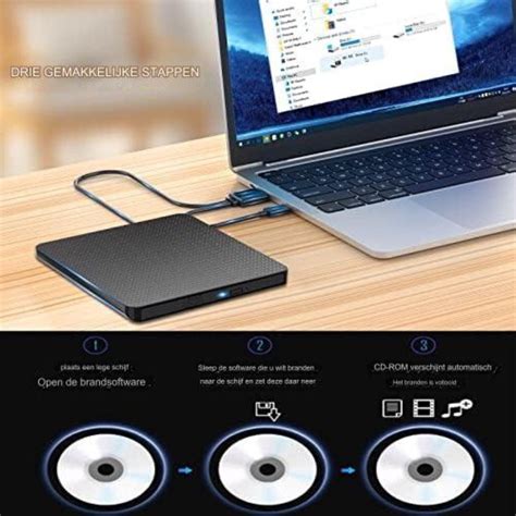 Illustratie van een moderne externe DVD-brander, aangesloten op een laptop