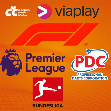 Infographic met logo's van sportevenementen die Viaplay uitzendt, zoals Formule 1, Premier League en PDC Darts.