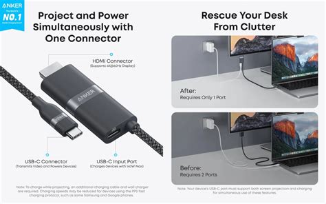 Diagram dat de werking van de Anker Nano USB-C naar HDMI kabel illustreert: aansluiting op een scherm en gelijktijdig opladen van het apparaat.