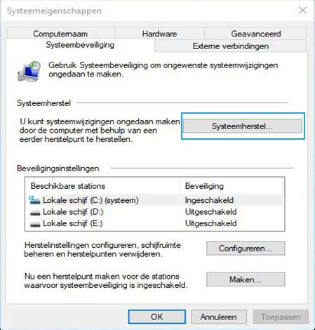 Screenshot van het venster Systeemherstel in Windows