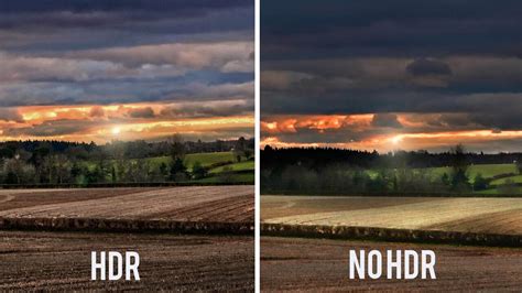 Vergelijking van beelden met en zonder HDR, om het effect van een breder kleurenpalet en hoger contrast te illustreren.