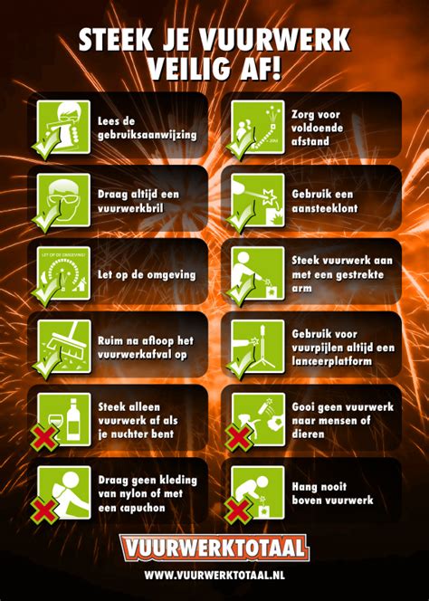 Illustratie die de belangrijkste veiligheidsmaatregelen voor het afsteken van vuurwerk weergeeft, zoals het dragen van een vuurwerkbril en het aanhouden van afstand.