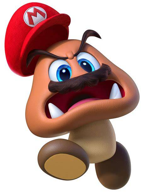 Mario die een Goomba bestuurt in Super Mario Odyssey