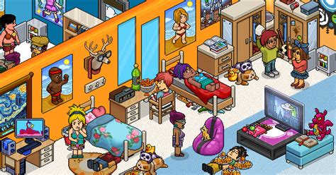 Een screenshot van een virtuele kamer in Habbo Hotel met diverse meubilair