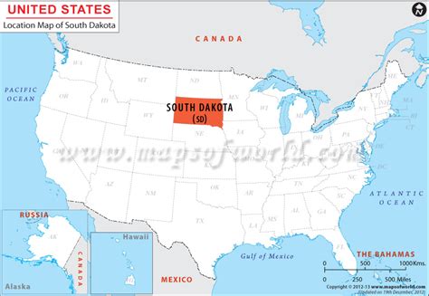 Een kaart van South Dakota met de locatie van Deadwood gemarkeerd