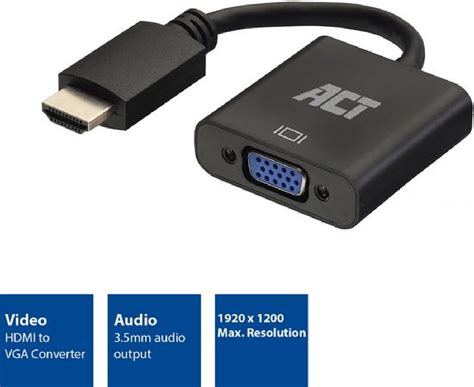 Illustratie van een HDMI naar VGA adapter met 3.5mm audio jack aansluiting