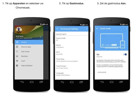 Schema dat de werking van de Chromecast Gastmodus uitlegt, met pijlen die de verbinding tussen gastapparaat, Chromecast en tv aangeven.