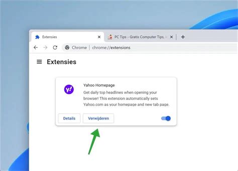Screenshot van de extensiebeheerpagina in Google Chrome, met de 