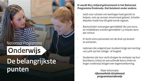 Schema dat de doelstellingen en kritiekpunten van het Nationaal Programma Onderwijs weergeeft.