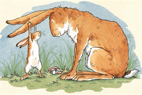 Illustratie van Grote Haas en Hazeltje die elkaar omhelzen in een weelderige weide.