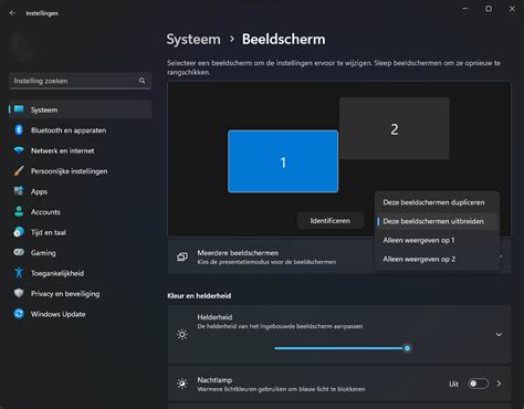 Screenshot van de Chromebook-instellingen voor beeldschermen, met weergave van de indeling van meerdere schermen