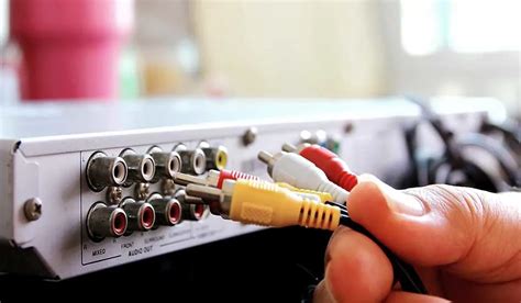 Illustratie van de rode, witte en gele RCA-kabels en hun aansluitingen op een TV.