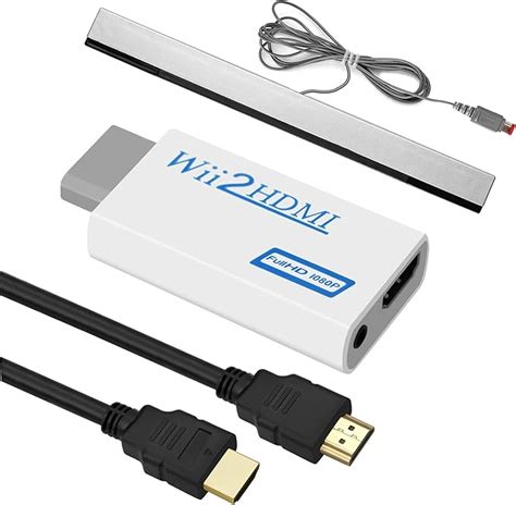 Illustratie van de Wii 2 HDMI converter die aan de achterkant van de Wii is bevestigd.