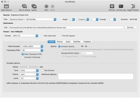 HandBrake interface met de start encode knop en voortgangsbalk
