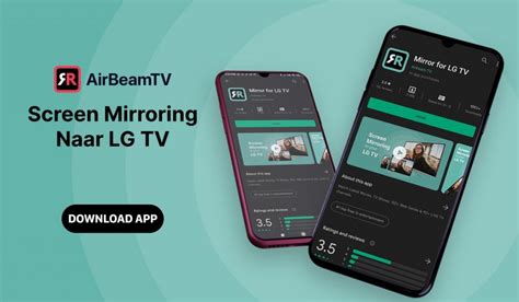 Illustratie van de AirBeamTV app interface op een Android tablet, met pijlen die de draadloze verbinding naar een Samsung TV aangeven.