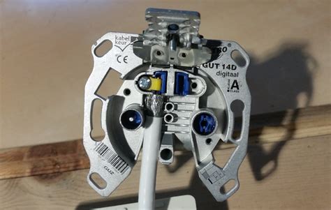 Diagram van hoe een coaxkabel wordt aangesloten op een tv en een wandcontactdoos