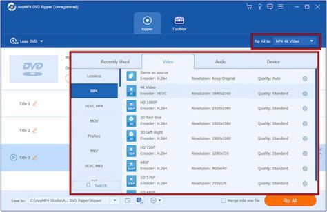 Interface van een DVD-ripperprogramma met opties voor uitvoerformaat.