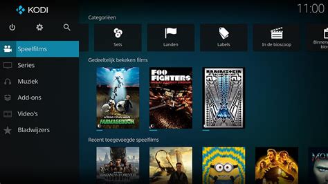 Een screenshot van de Estuary Switch Kodi skin met een overzicht van de beschikbare menu-opties.