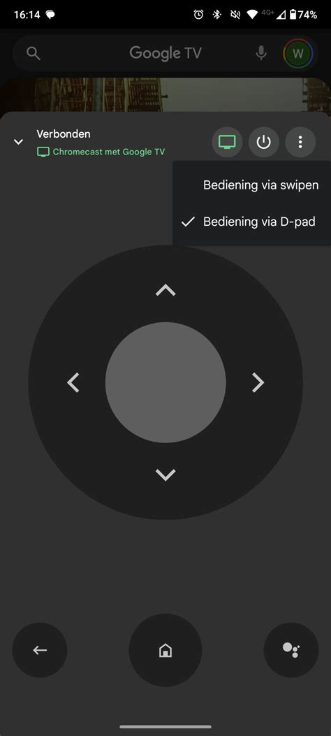 Screenshot van de Google TV-app met het afstandsbediening-icoon