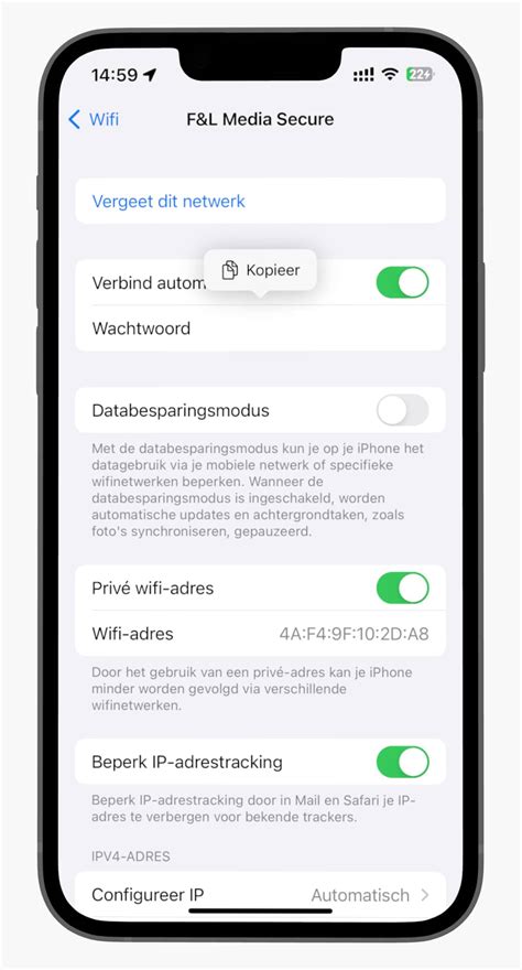 Screenshot van de snelle instellingen op een iPhone met de optie 'Screen Mirroring' gemarkeerd.