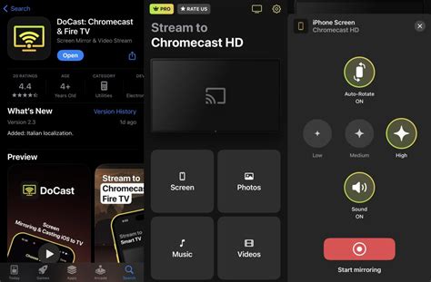 Illustratie van de DoCast-app interface met opties voor foto-, video- en muziekstreaming.