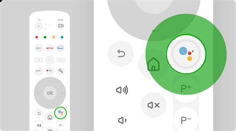 Illustratie van de KPN TV+ afstandsbediening met Google Assistent knop.