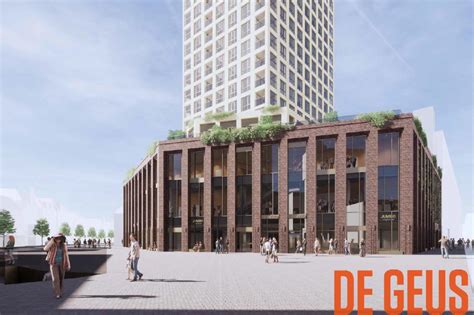 Artistieke impressie van het exterieur van de nieuwe multiplexbioscoop De Geus bij Leiden Centraal
