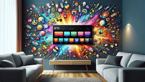 Illustratie van een smart TV die een IPTV-interface toont met diverse zenders en on-demand content